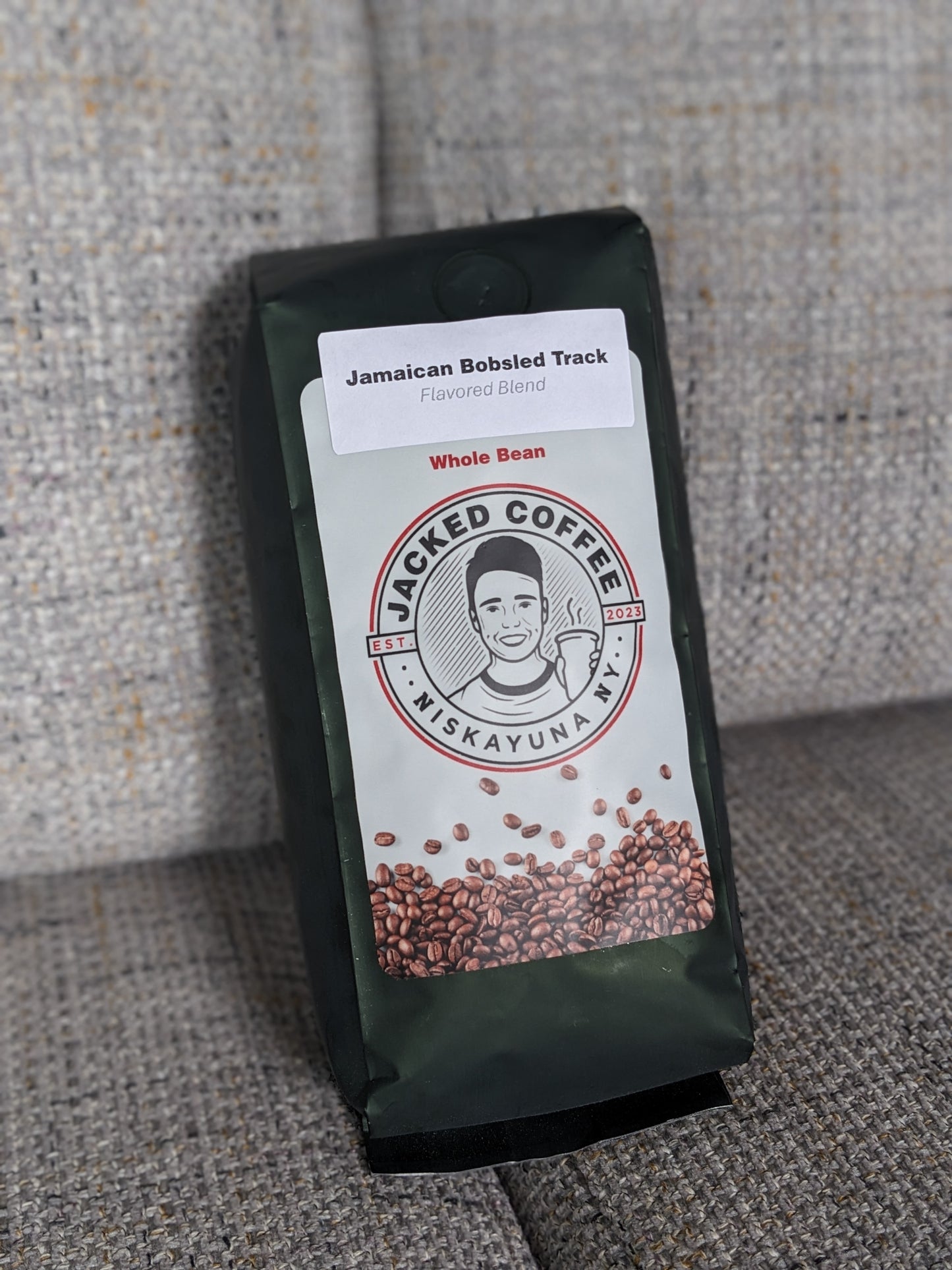 1 LB, Jamaican Bobsled Track Flavored blend, local coffee, Front side