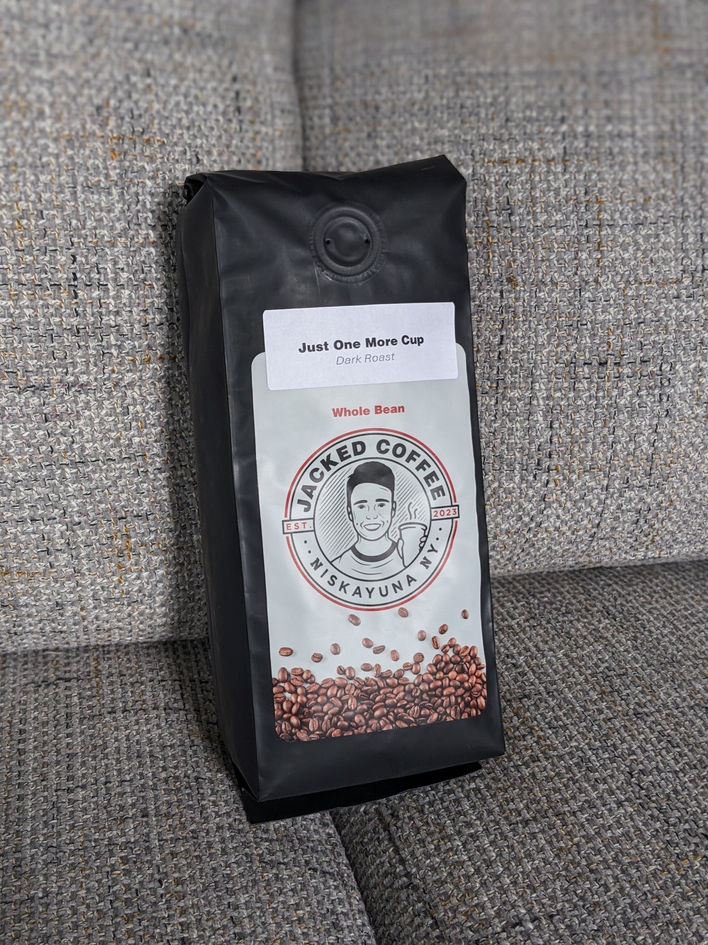 1 LB, Just One more Cup Dark Roast, Local Coffee, Front side